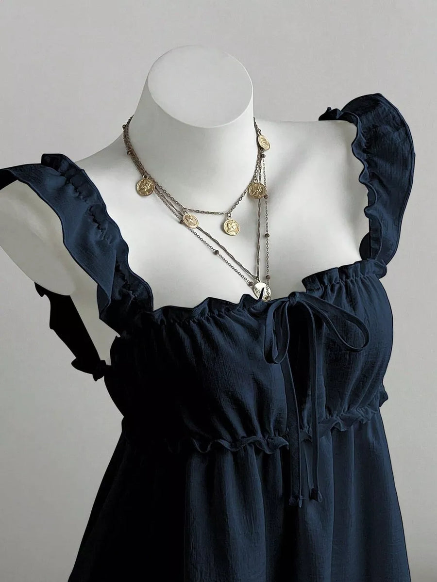 Ruffled Square Neck Tie-front Mini Dress in Navy Blue
