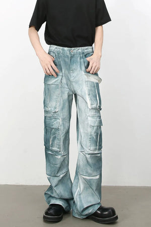 Bleached denim utility trousers in medium with multiple cargo pockets and a relaxed fit.