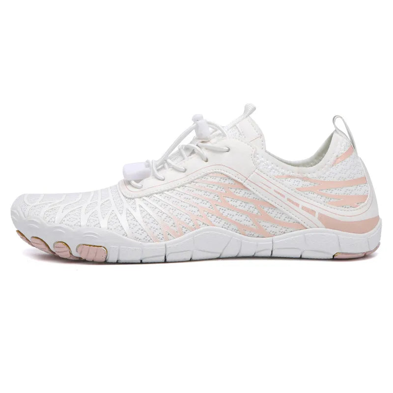 White mesh trail runners with pink accents and quick-lace closure