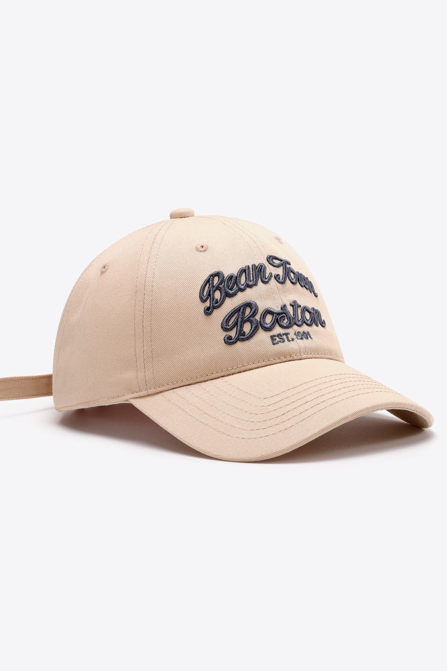 Tan baseball cap with embroidered Boston text and adjustable strap