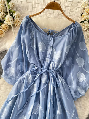Blue chiffon maxi dress with floral embroidery, tie waist, and button front.