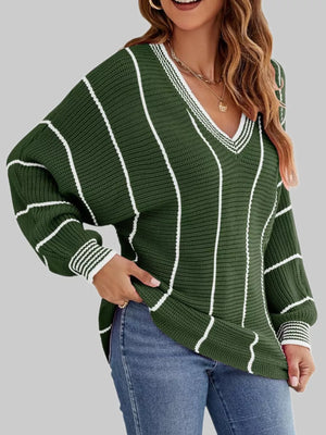 Wine Red V-neck Striped Contrast Sweater