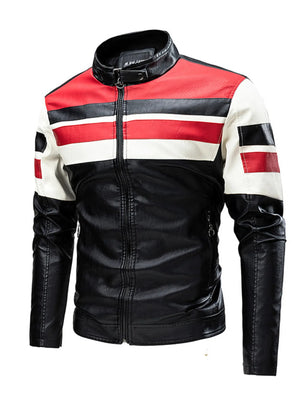 Plus-size black leather moto jacket with red and white stripes on the chest and sleeves.