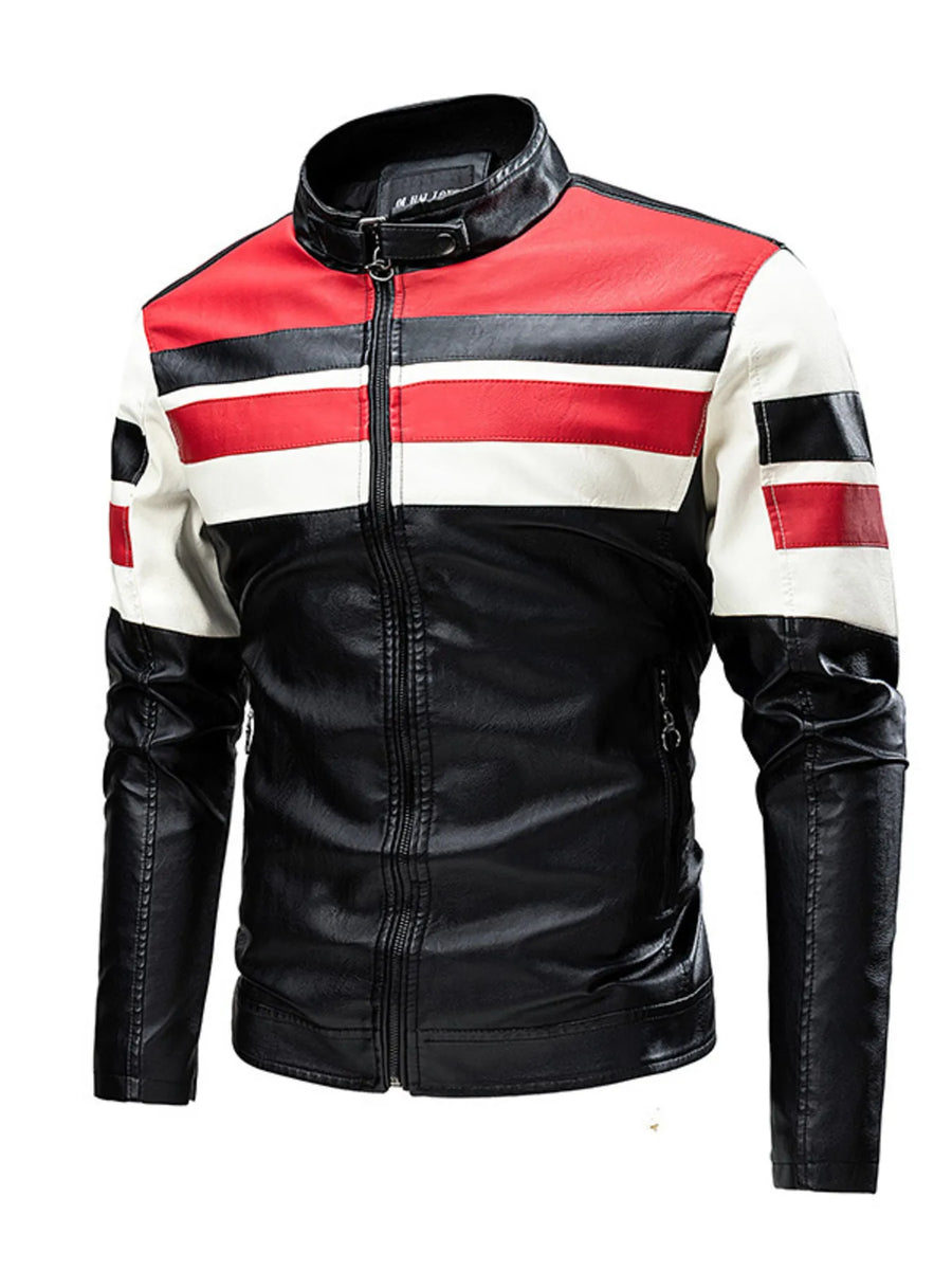 Plus-size black leather moto jacket with red and white stripes on the chest and sleeves.