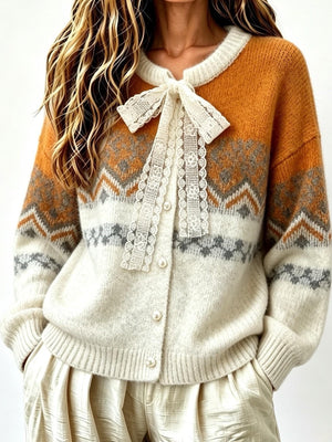 rust cardigan with geometric and round neck