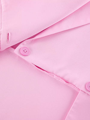 95% polyester, 5% spandex Care instructions: Machine wash cold two-piece set in light pink with fitted top, wide-leg bottom