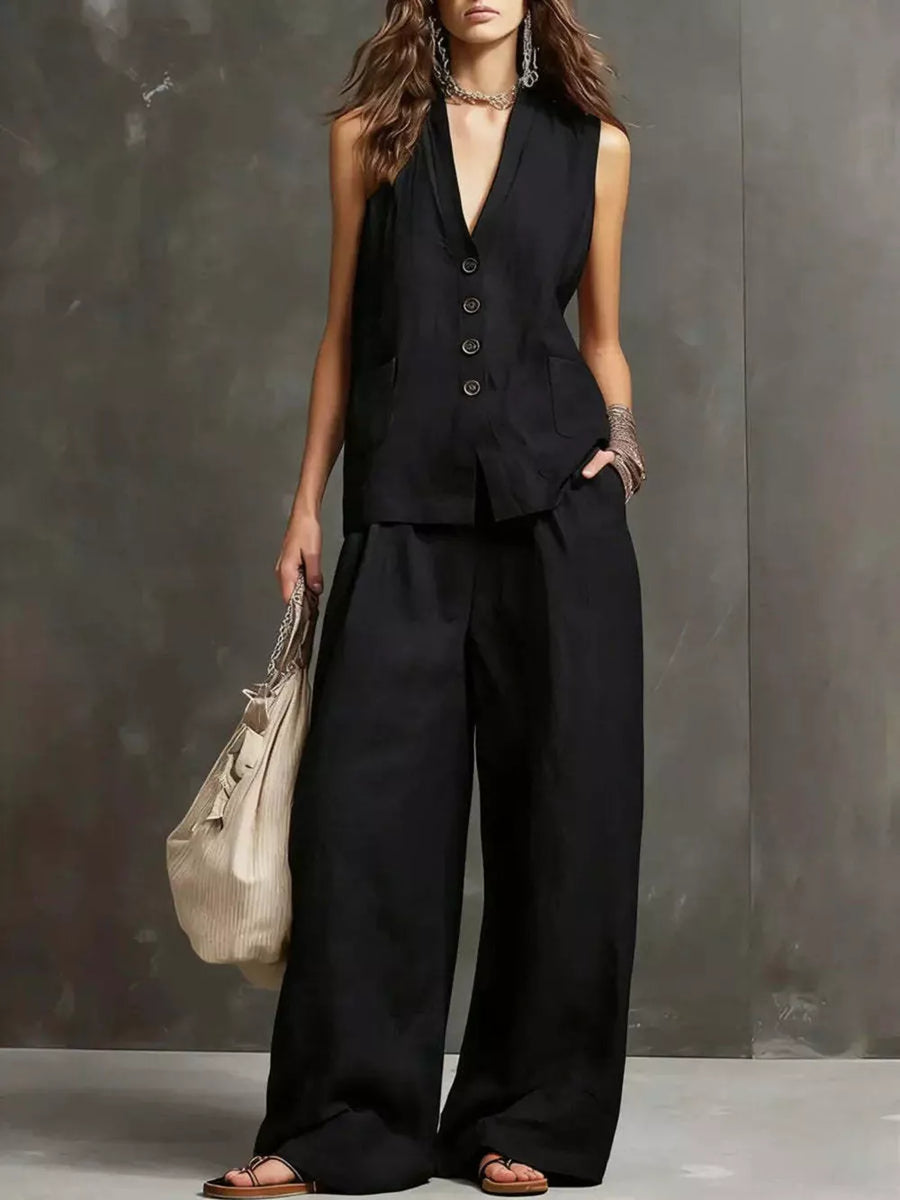 Sleeveless Buttoned Vest And Wide-leg Pants Set in Pink