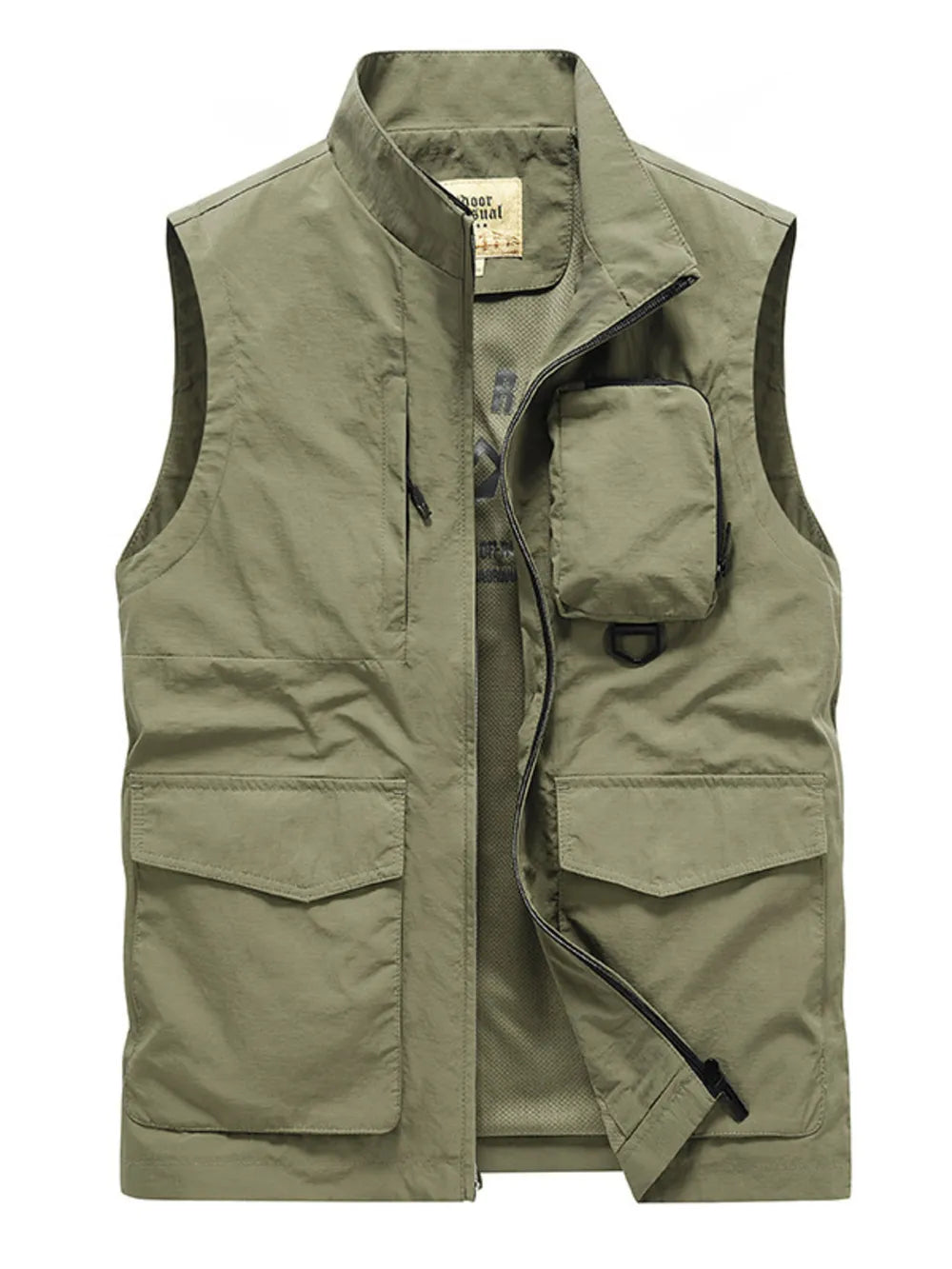 Men's plus size sage green multi-pocket vest with zip front and stand collar.