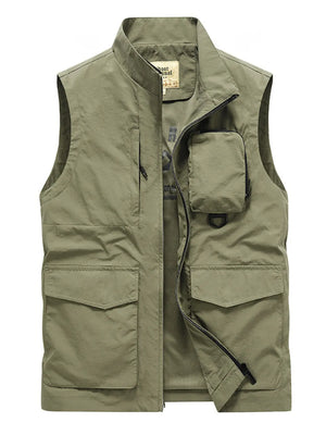 Men's plus size sage green multi-pocket vest with zip front and stand collar.