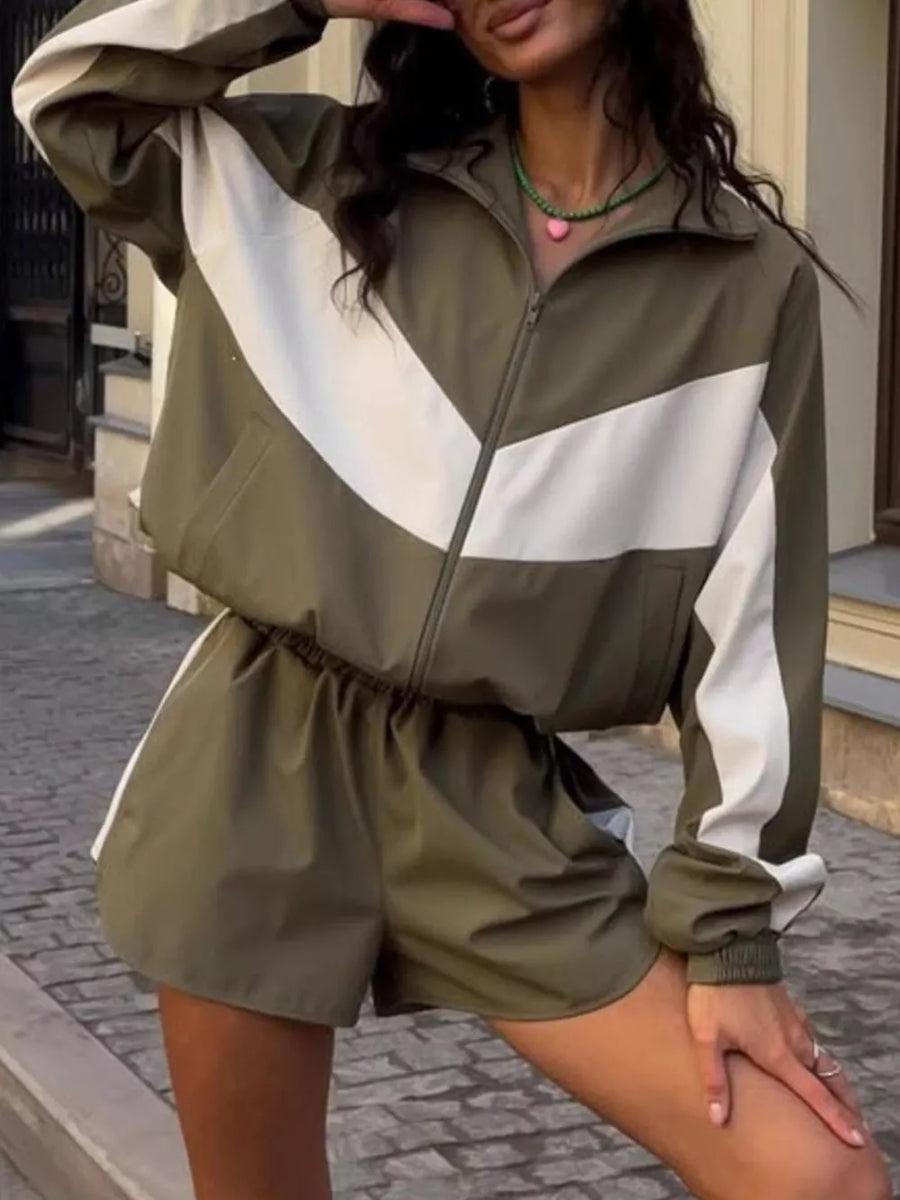 Green with Color Block Zip Up Outerwear And Shorts Set in Green