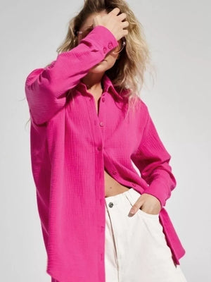 button-down shirt in White with button cuffs and tunic-length