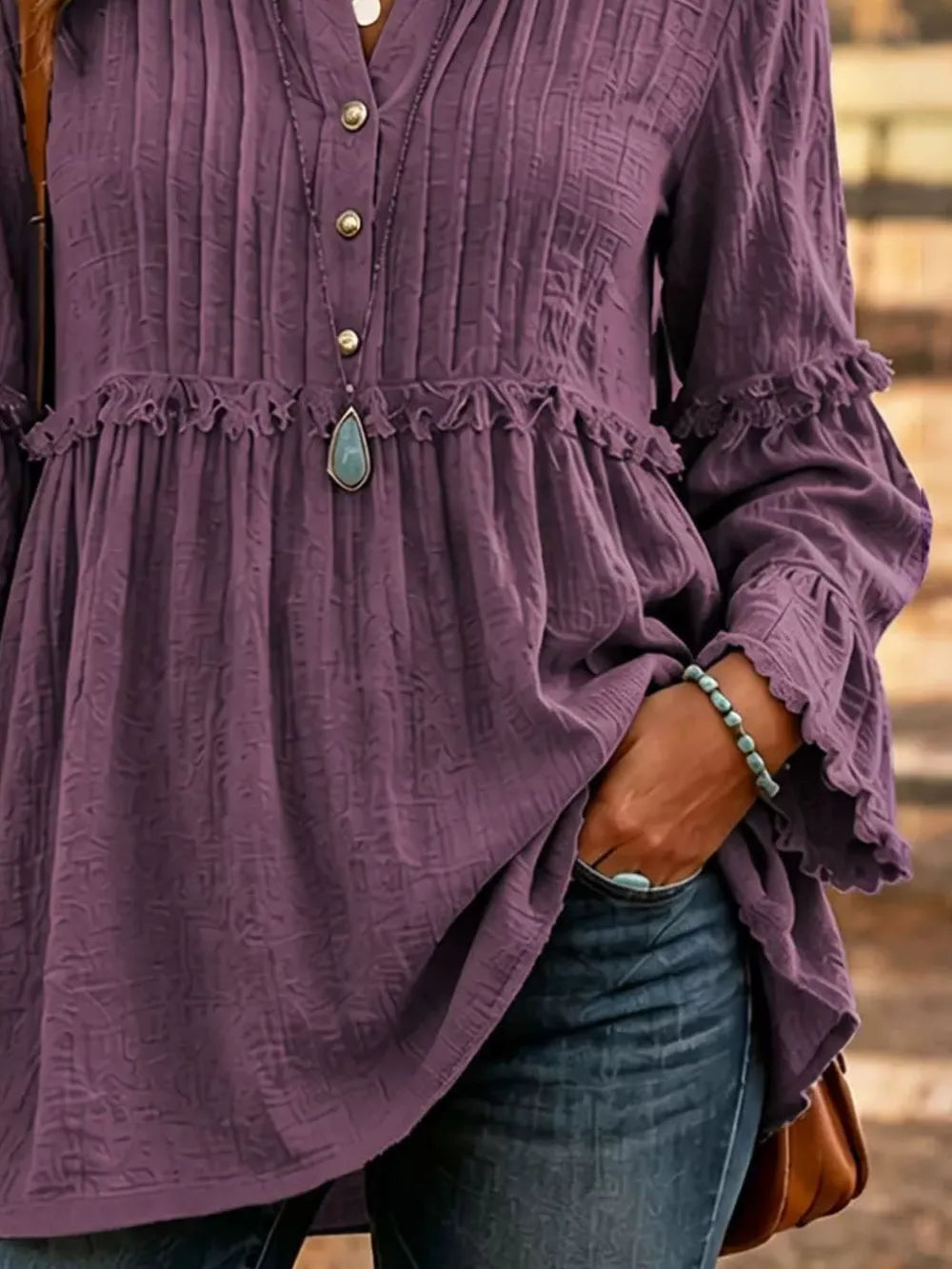 Full Size Frill Notched Long Sleeve Blouse in Black with buttoned