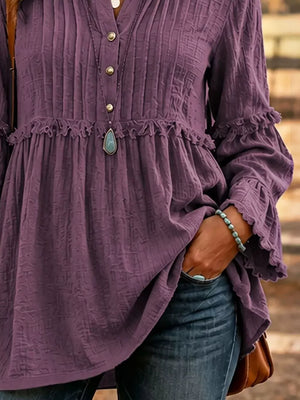 Full Size Frill Notched Long Sleeve Blouse in Black with buttoned