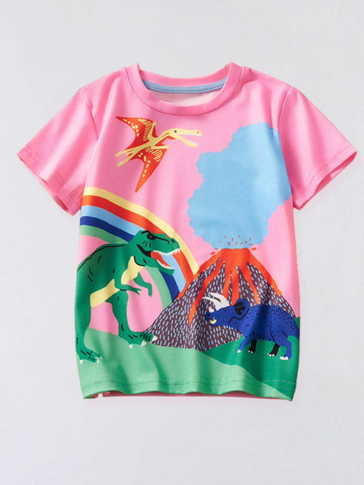 Pink toddler t-shirt with dinosaur adventure graphic, volcano, rainbow, and pterodactyl.