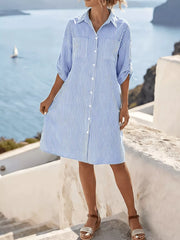 sky blue shirt dress with striped and collared