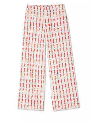 Red fish print wide-leg pants with a buttoned waist