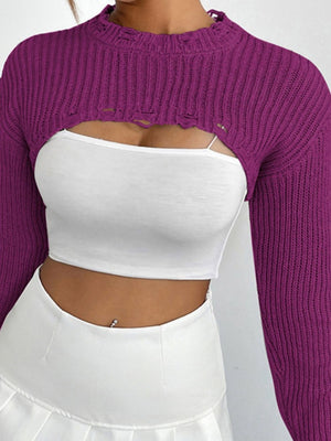 Fuchsia distressed knit bolero crop top with ripped details and long sleeves.