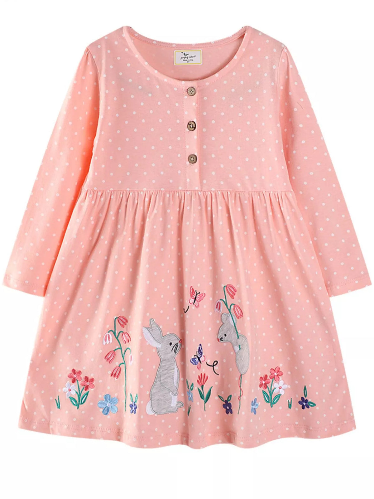 Watermelon pink polka dot cotton dress with embroidered bunnies and flowers.