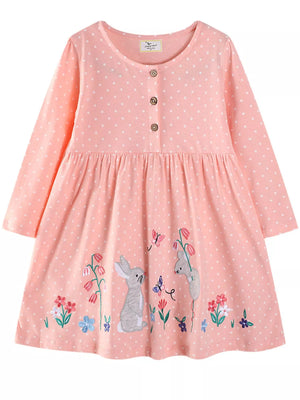 Watermelon pink polka dot cotton dress with embroidered bunnies and flowers.