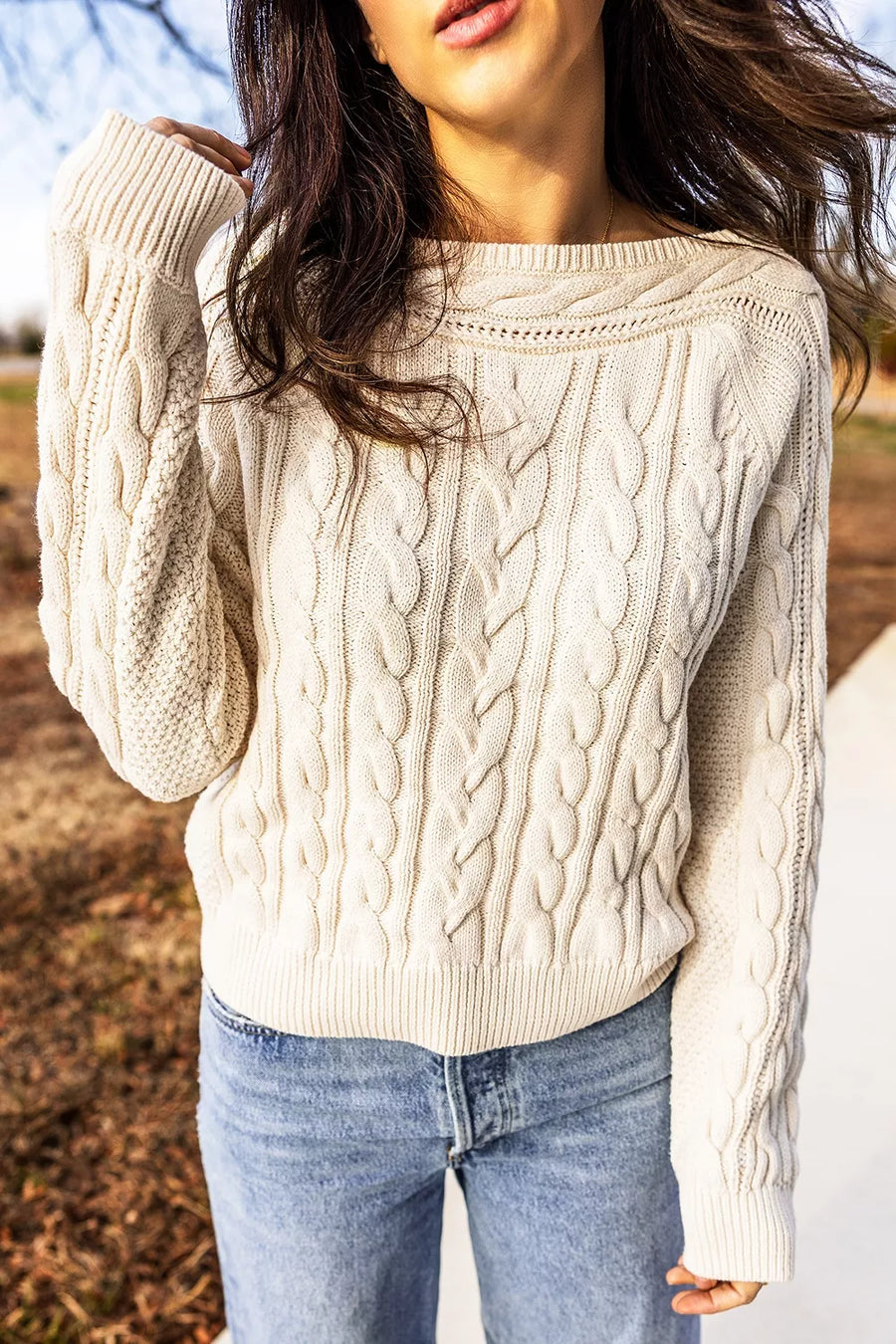 Cream with Drop Shoulder Round Neck Cable Knit Sweater in Cream