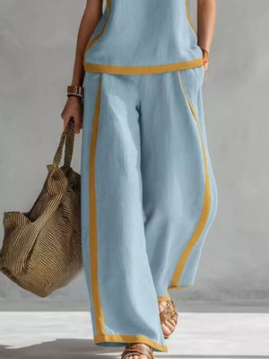 Light blue sleeveless tank and wide-leg pants set with yellow trim, polyester