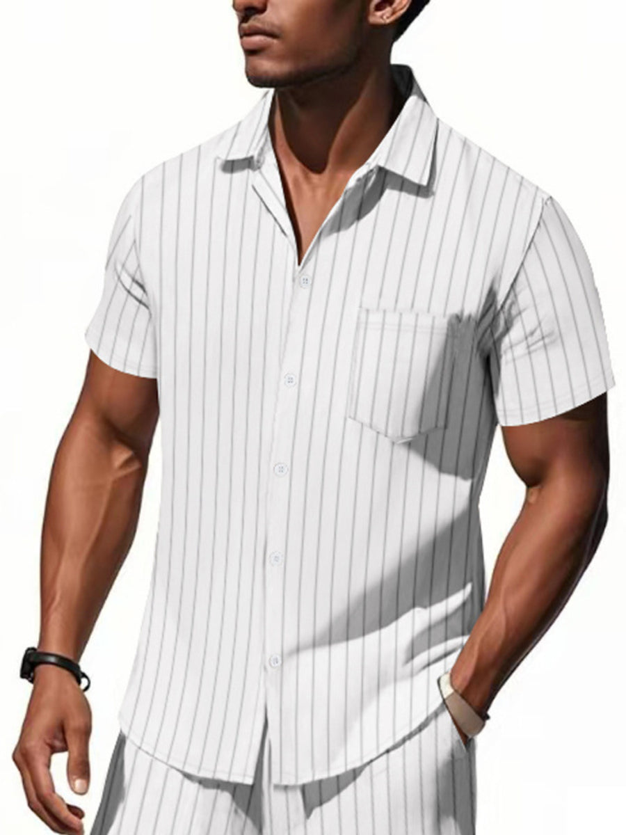 White cotton camp collar shirt with vertical grey pinstripes and chest pocket.