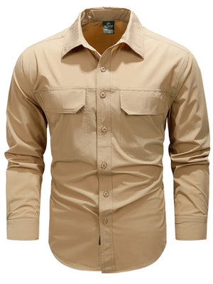 Khaki cotton overshirt with buttoned flap pockets and a classic collar.