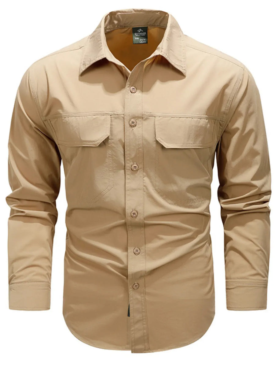 Khaki cotton overshirt with buttoned flap pockets and a classic collar.