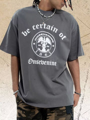 Oversized grey cotton t-shirt with vintage graphic print and crew neck.