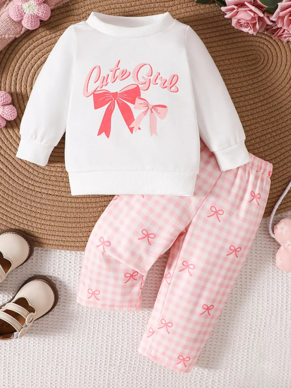 White Children's Bow Long Sleeve Top And Pants Set
