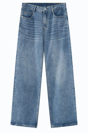 Light blue denim wide-leg jeans with a relaxed fit and elastic waistband.
