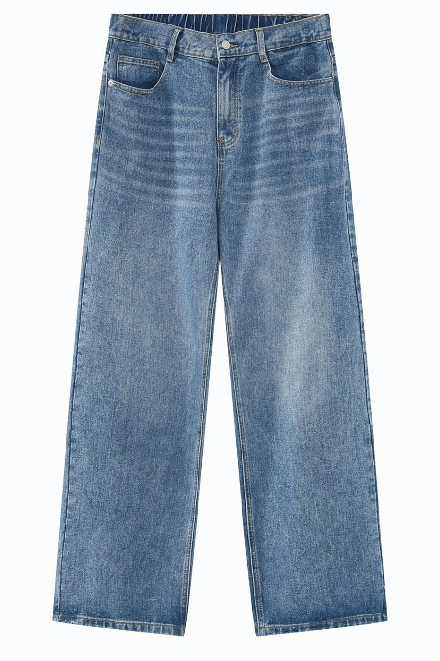 Light blue denim wide-leg jeans with a relaxed fit and elastic waistband.