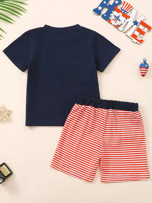 Navy baby t-shirt with red and white striped shorts.