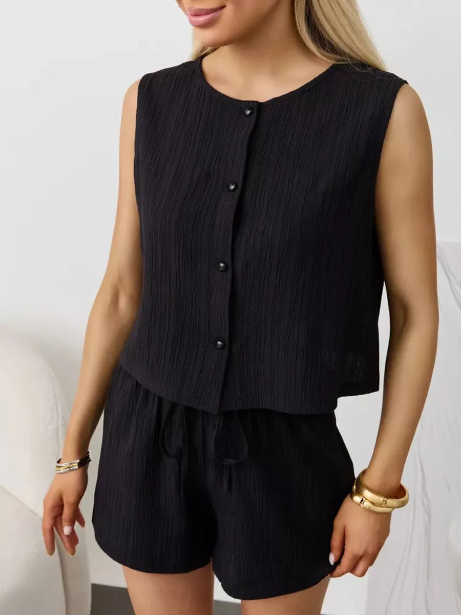 Black textured cotton tank and shorts set with button front and drawstring waist.