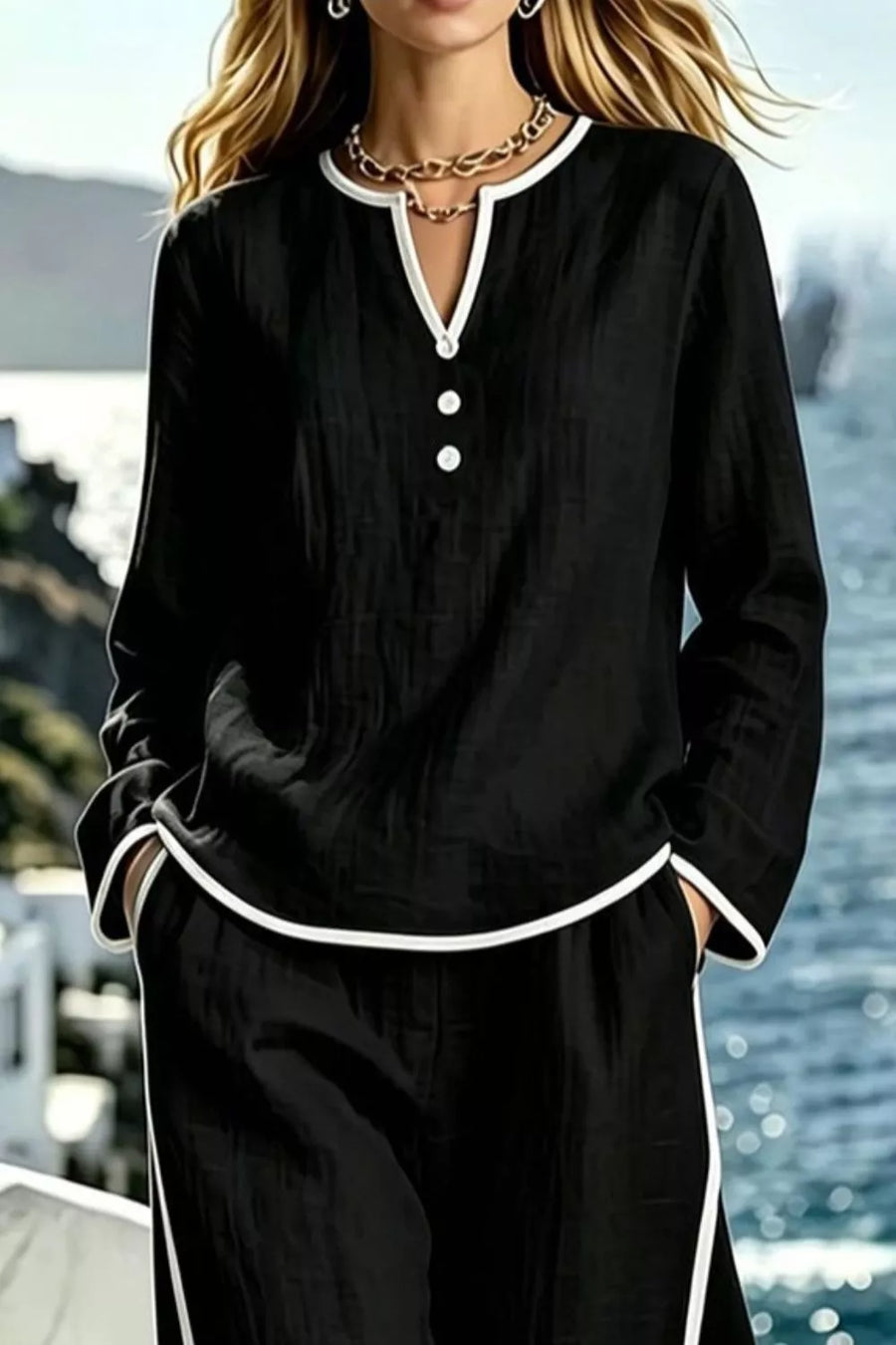 White with Contrast Trim Long Sleeve Top And Pants Set