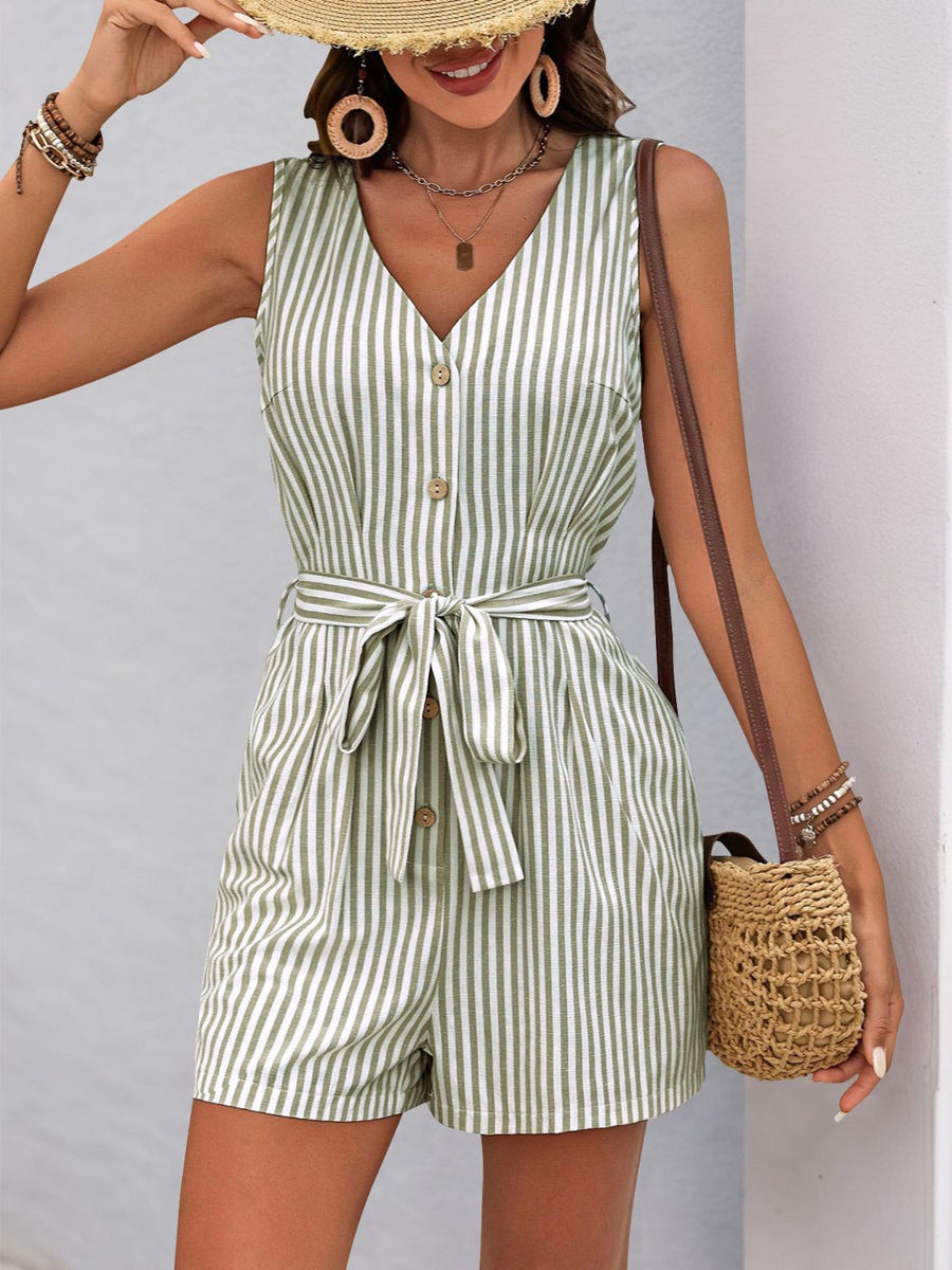 Sage striped button-front romper with tie waist and V-neck