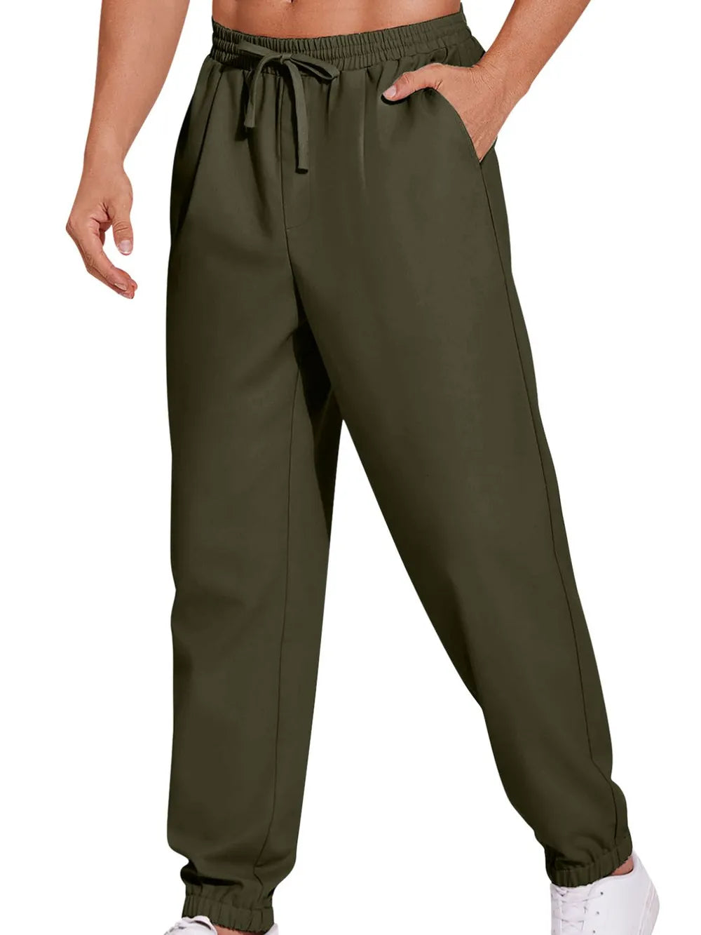 Army green relaxed-fit cuffed trousers with drawstring waist and pockets