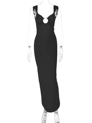 Black cutout maxi dress with V-neckline and ring detail