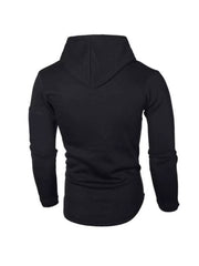 Black casual slim fit long-sleeve hoodie with drawstring and hood.
