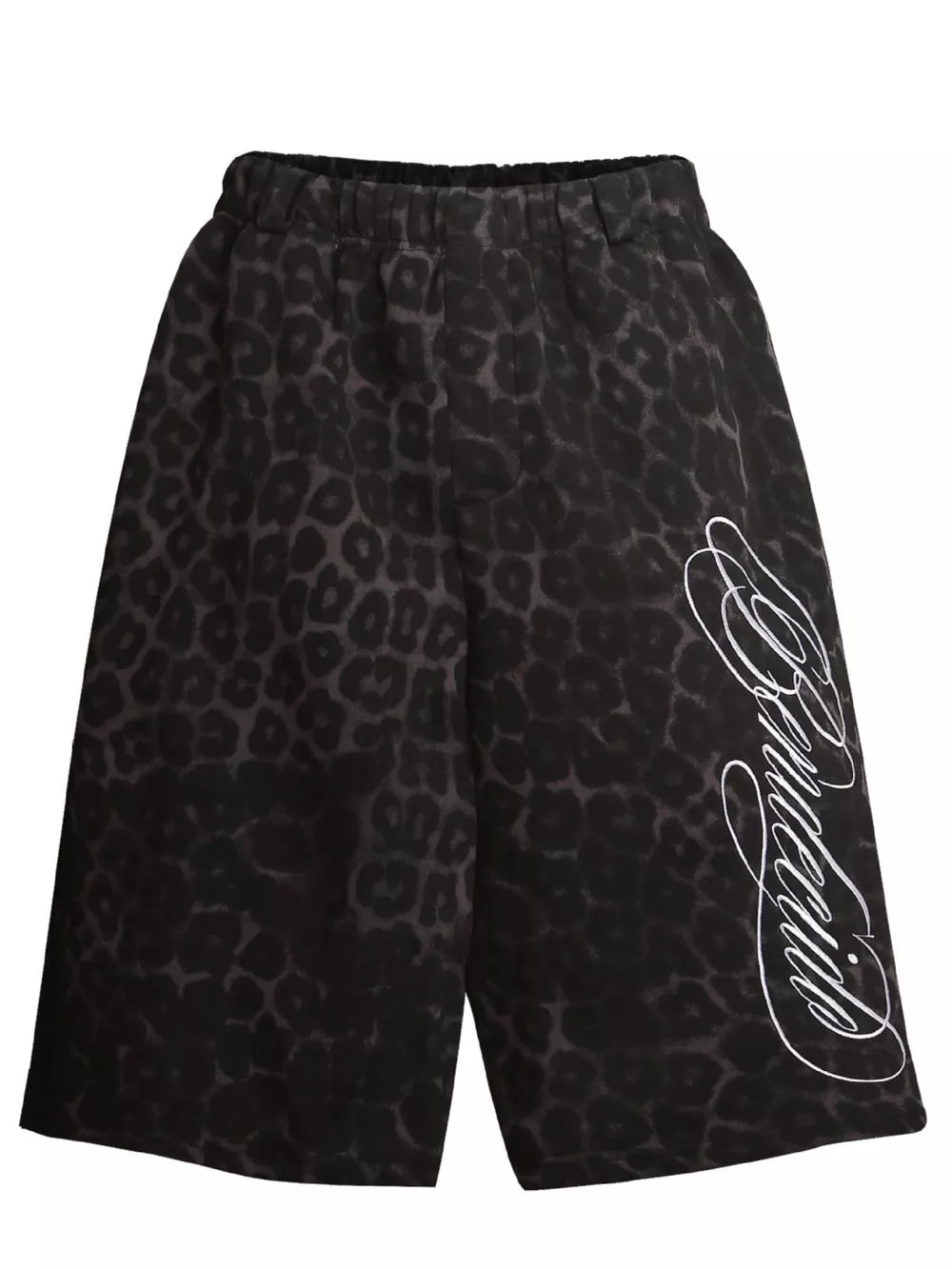 Grey leopard print sweatpants with white script logo detail on leg.