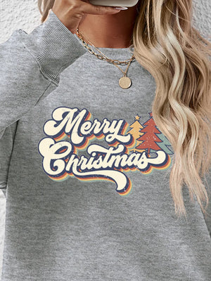 Grey crewneck sweatshirt with Merry Christmas graphic and retro trees
