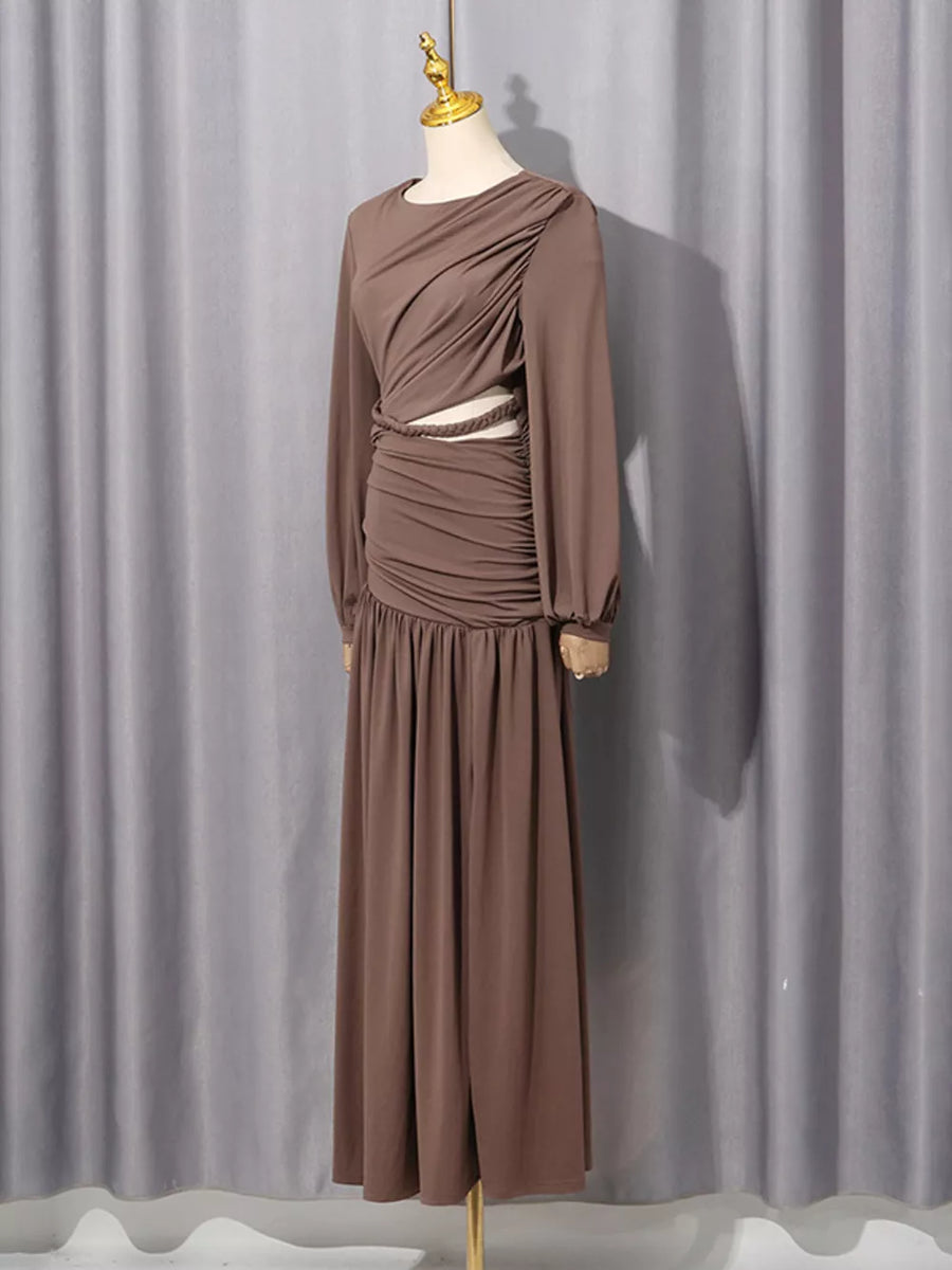 Brown with Ruched Long-sleeve Maxi Dress With Cutout