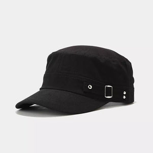 cap in black featuring metal buckle and fitted fit
