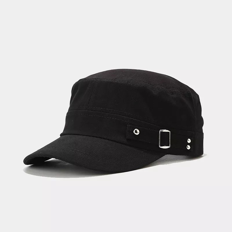cap in black featuring metal buckle and fitted fit