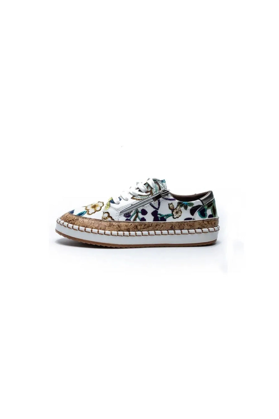 White floral zip-up sneakers with cork sole and side zipper detail