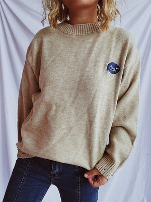 Embroidered character relaxed knit sweater in Dark Gray