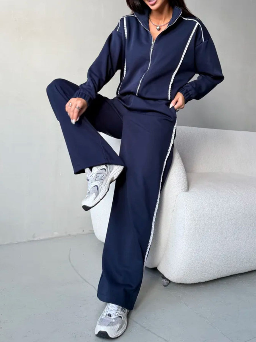 Elastic-Waist Zip-Up Jacket And Wide-Leg Pants Set in Light Gray with collared