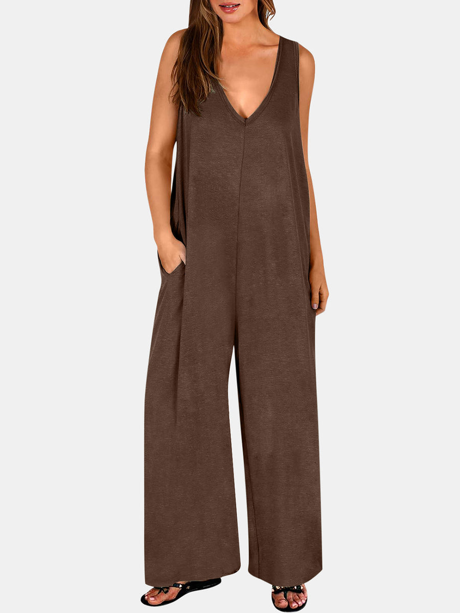 Brown V-neck sleeveless palazzo jumpsuit with pockets