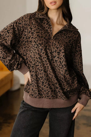 brown sweatshirt with leopard and mock neck