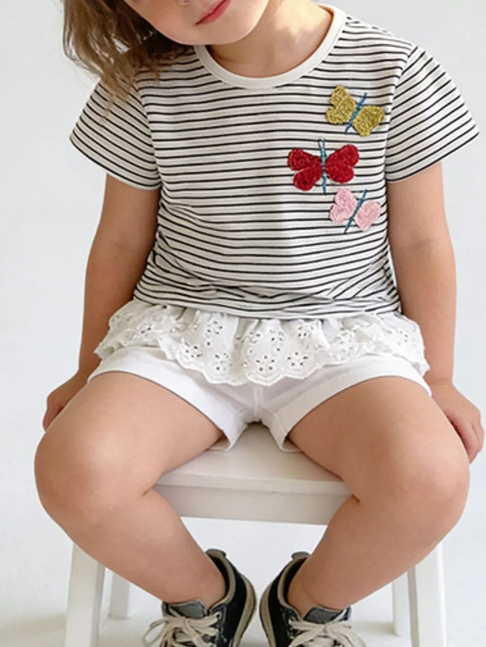 Kids embroidered butterfly striped cotton t-shirt